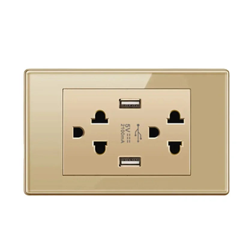 Depoguye US Mexico Wall Light Switch Socket 5V 2.1A USB Type-c Charger Plug,Golden Glass Panel American Standard Power Outlet