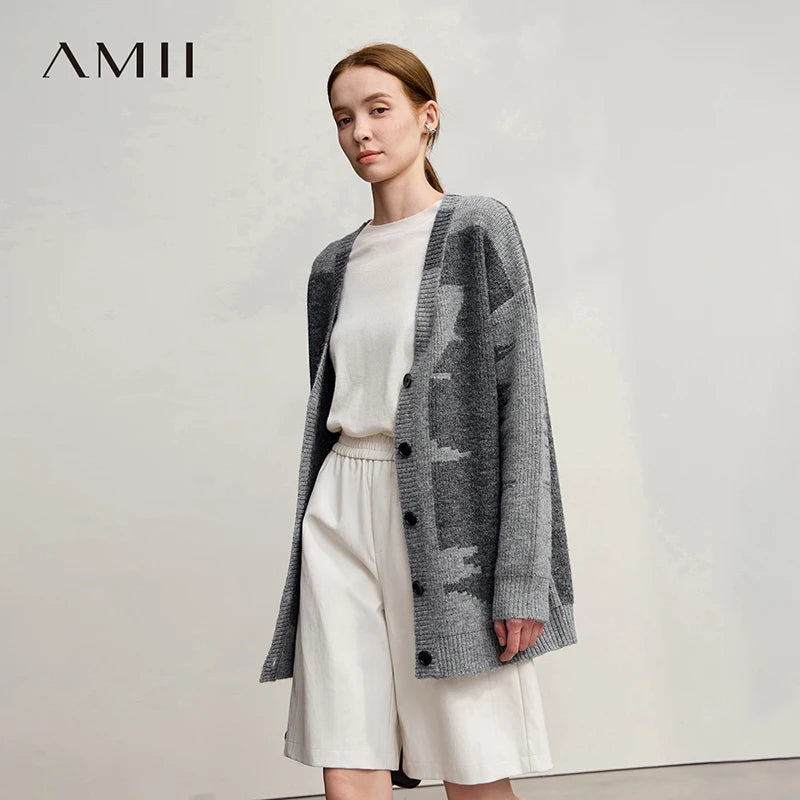 AMII Cardigan For Women 2026 Winter New Commuter V-neck Long Sleeve Women's Sweater Wool Cardigan Loose Knit Top Female 12554047
