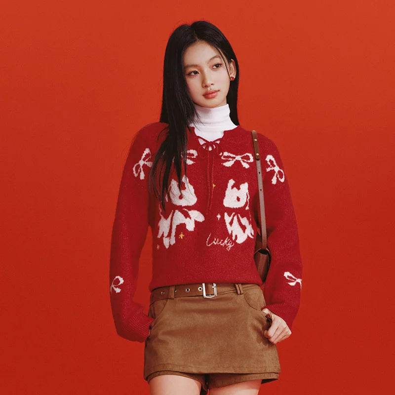 Semir Women Sweater 2026 Spring New Red Bow Jacquard Loose Cute Girlish Style Crew Neck Pullover Tops