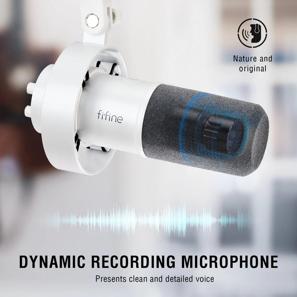 មីក្រូហ្វូន FIFINE ឌីណាមិក USB/XLR ជាមួយប៊ូតុង Gain/បិទសំឡេង/រន្ធដោតកាស មីក្រូហ្វូនថតសំឡេងសម្រាប់ស្ទ្រីមកាតសំឡេងកុំព្យូទ័រ-K688W ពណ៌ស
