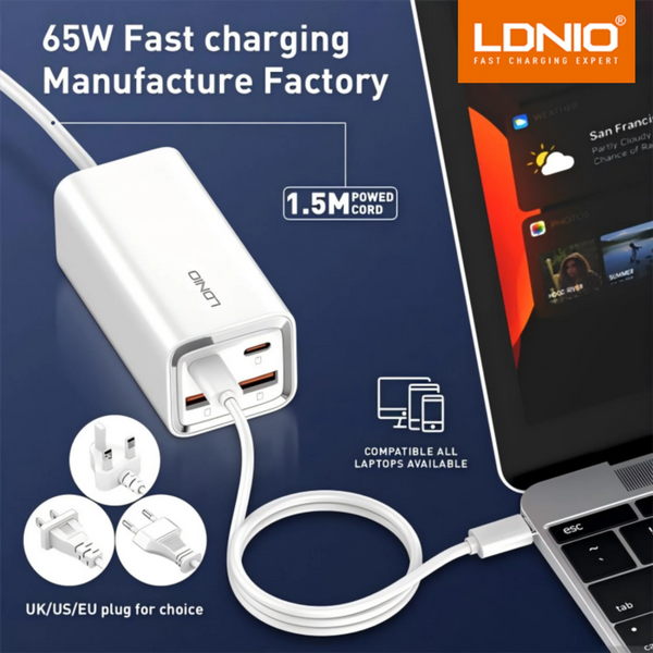 ឆ្នាំងសាក LDNIO 65W GaN USB C ឆ្នាំងសាកលឿនសម្រាប់កុំព្យូទ័រលើតុ 4 ក្នុង 1 សម្រាប់ iPhone 15 14 13 Pro Max Xiaomi Samsung