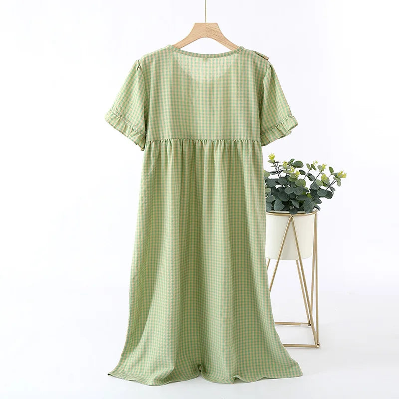 Women's Sleeping Clothes Casual Plaid Short Sleeve Cotton Nightgown Woman Sweet Bow Ladies Summer Home Wear Dress Night Shirt
