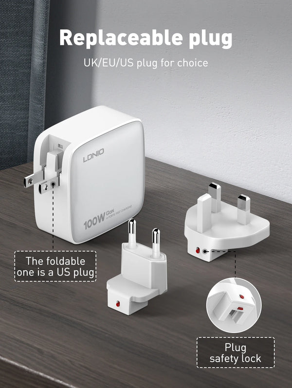 ឆ្នាំងសាក LDNIO 100W GaN USB C Adapter សម្រាប់ធ្វើដំណើរ រន្ធច្រើន ប្រភេទ C ឆ្នាំងសាកកុំព្យូទ័រយួរដៃ សម្រាប់ MacBook iPad iPhone រន្ធដោត US EU UK
