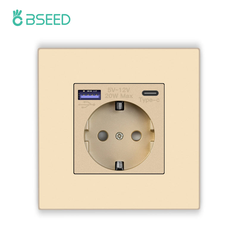 BSEED Single Wall Socket USB Type-C Fast Phone Charge Port Socket 20W Triple Power Plugs Plastic Panel Four Frame Outlets