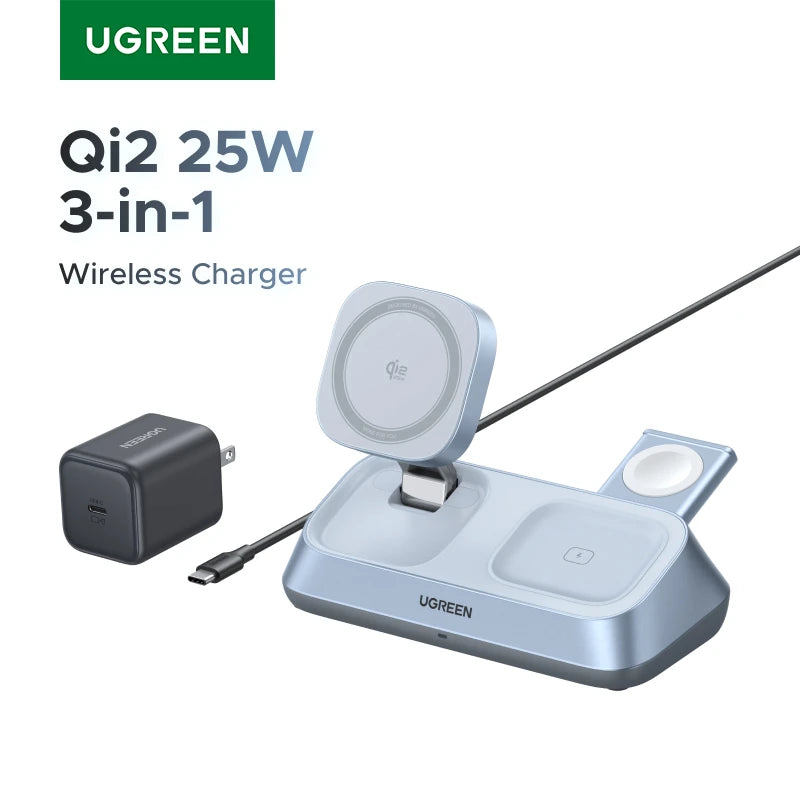 UGREEN Qi2 25W MAX Magnetic Wireless Charger Stand 3- in-1 Charging For iPhone 17 Pro Max/AirPods 4 For MagSafe Fast Charger