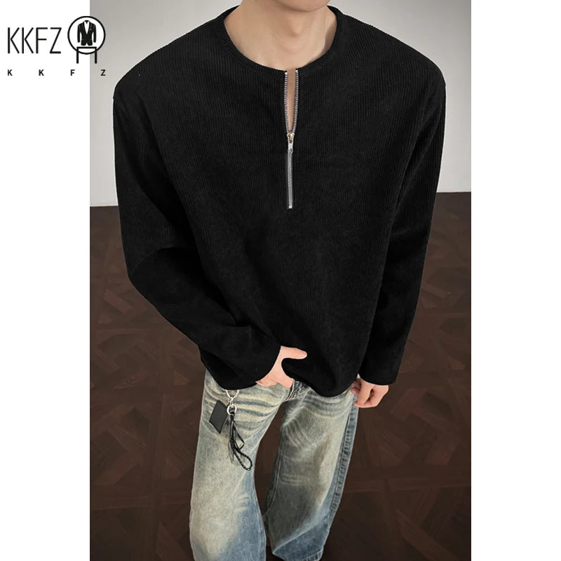 Mens Vertical Rib Corduroy Half Zip Long Sleeve Top Crew Neck Oversized Silhouette For Daily Street And Travel Wear