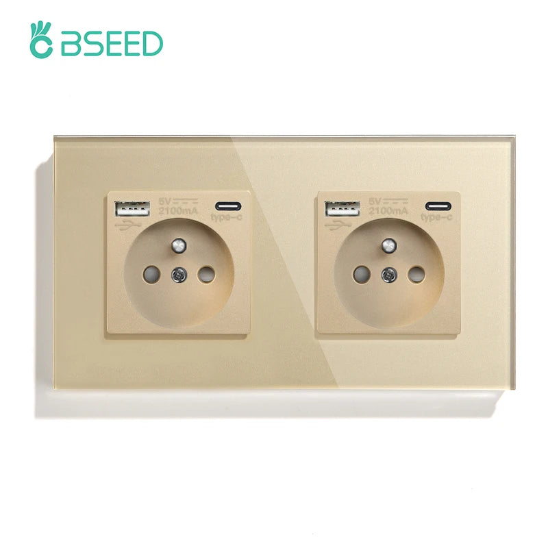 BSEED French Standard Single Wall Power Sockets Double France USB Type-C Port Outlet Crystal Glass Panel Children Protection 16A