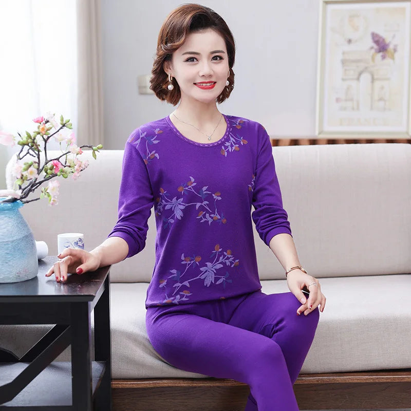 Middle Aged Mother Cotton Pajamas Set Long Sleeve Sleepwear Women 2 Piece Outfit Plus Size Homewear Autumn Winter Pijama Mujer
