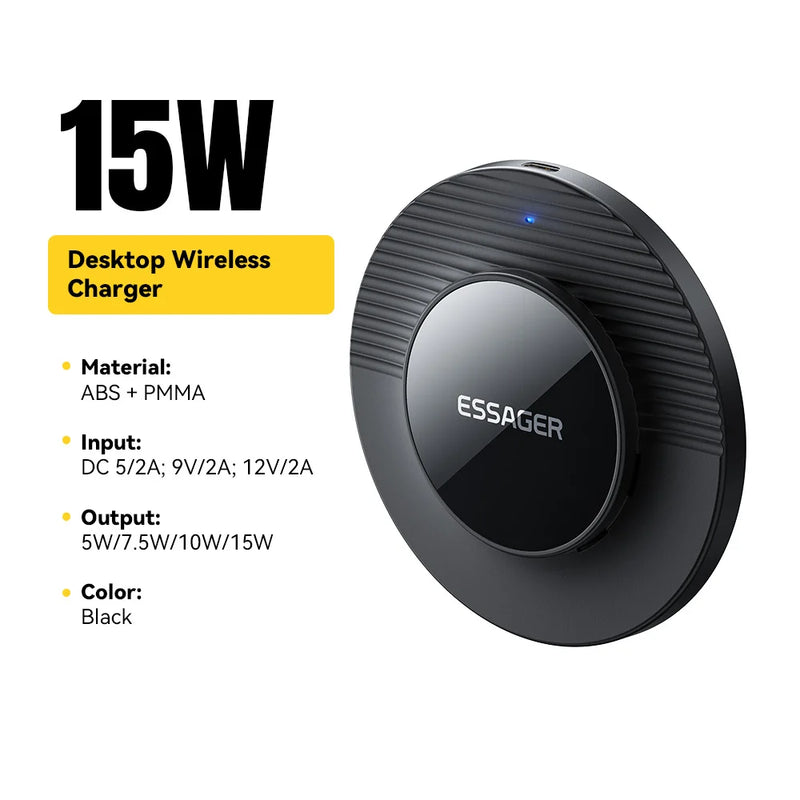 ឆ្នាំងសាកឥតខ្សែ Essager 15W ម៉ាញេទិក បន្ទះសាកថ្មលឿន សម្រាប់ iPhone 17 16 15 Pro កាសស្តាប់ត្រចៀក Huawei Samsung Xiaomi ទូរស័ព្ទ Android