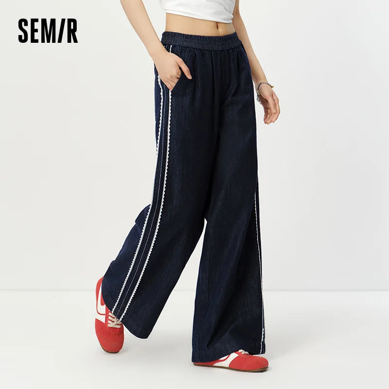 Semir Women Pants Denim Lace Trim Loose Wide Leg Lazy Temperament Floor Length 2026 Summer Fashion Casual Top
