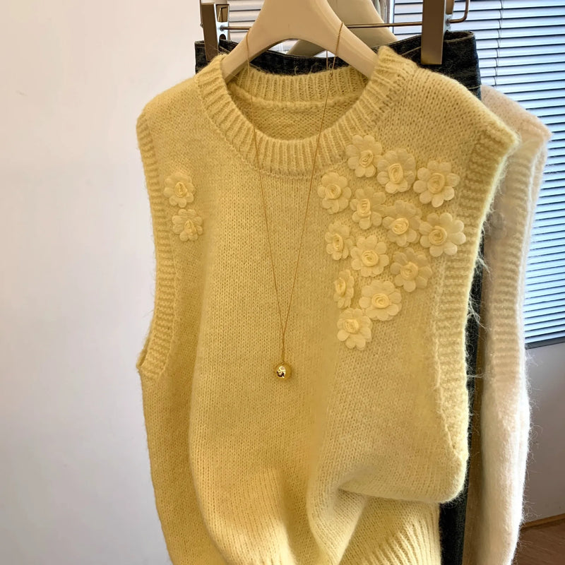Three-dimensional Flower Knitted Vest Women's Autumn Winter Lazy Wind Soft Stacked Wearing Sweater Ladies Knit Sleeveless Top