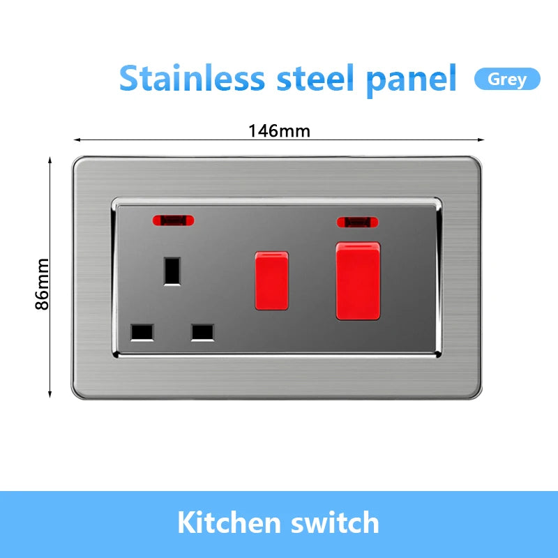 146 UK Standard 45A High Power Kitchen Electric Switch Socket 13A Wall Power Supply Cooker Glass Plastic Aluminum outlet Black
