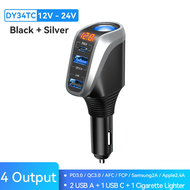 ឆ្នាំងសាករថយន្ត USB 100W សាកលឿន QC3.0 QC4.0 PD3.0 SCP 4 ក្នុង 1 សាកថ្មលឿនសម្រាប់រថយន្ត iPhone 12 13 Xiaomi Huawei Samsung