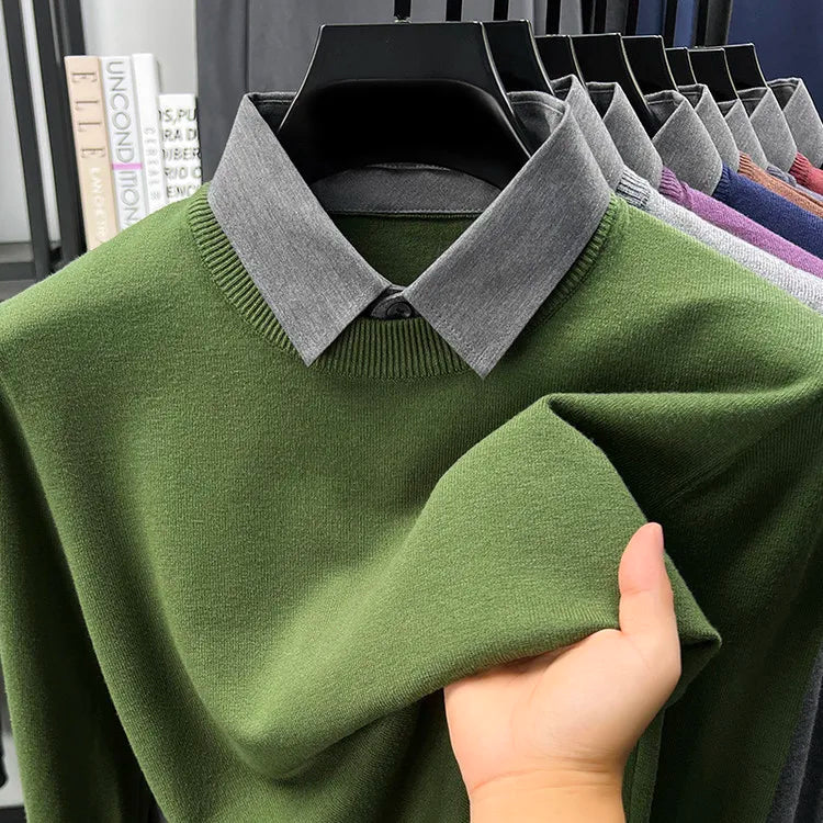 Men's Grey Faux Two-Layer Knit Sweater, Button-Down Shirt Collar with Soft Wool Blend Fabric, Smart Business Autumn Casual Wear