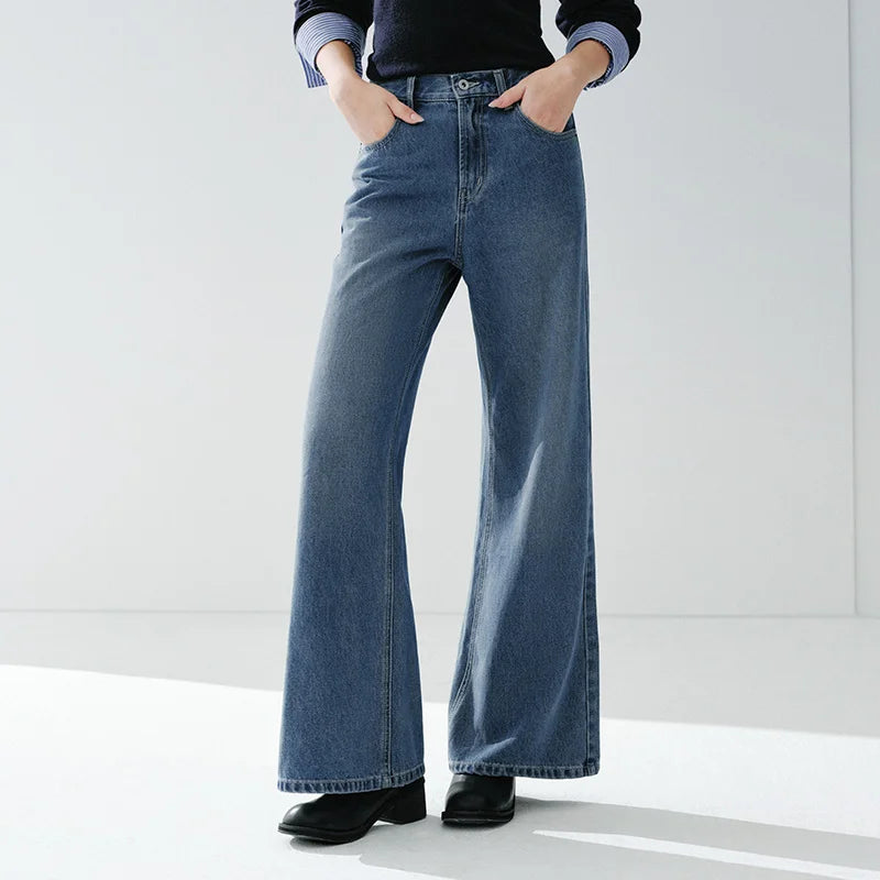 Semir Soft Jeans Women 2026 Spring Distressed Loose Flare Leg Retro Style WIde Leg Casual Trendy Long Trousers