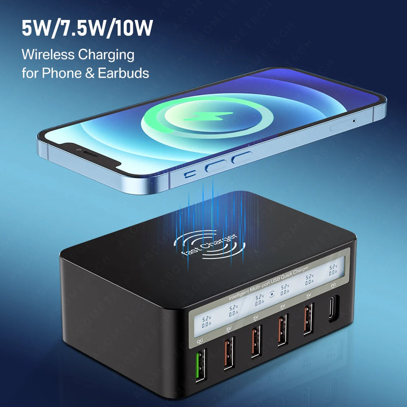 ឆ្នាំងសាក USB 6 រន្ធ សាកលឿន ឆ្នាំងសាកឥតខ្សែ អាដាប់ទ័រឆ្នាំងសាកលឿន USB C PD ឆ្នាំងសាកទូរស័ព្ទ សម្រាប់ iPhone 13 12 11 Samsung Huawei