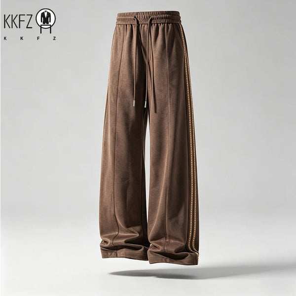 Mens Striped Side Wide Leg Sweatpants Adjustable Drawstring Waist Relax Cut Comfort Outdoor Walking Trousers