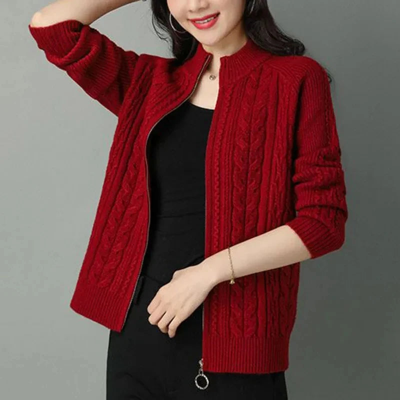 Half High Collar Zipper Knitted Cardigan Jacket Women Autumn Winter New Solid Color Long Sleeve Cardigans Thicken Sweater Coat