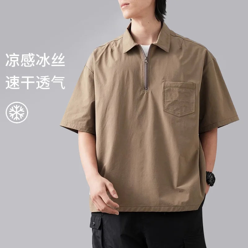 Dukeen Workwear Polo Shirt Men Short-Sleeved T-Shirt Summer Vintage Pocket Golf Shirt Quick-Drying Ice Silk Men's Clothing