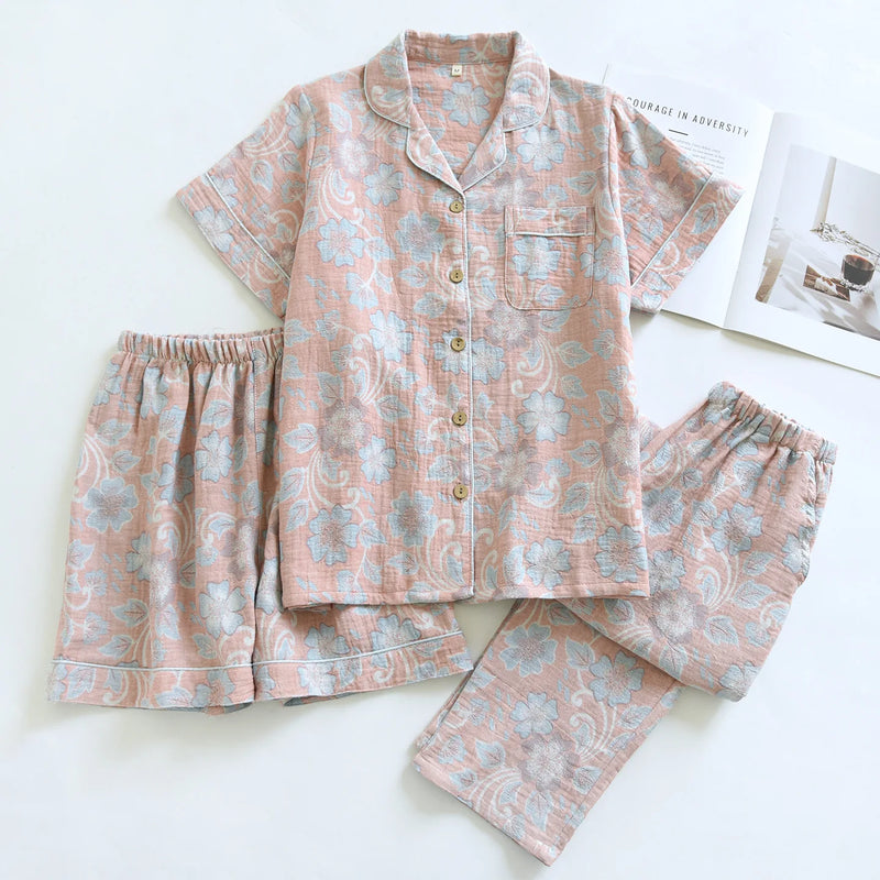 Retro Floral Summer Pajamas Lapel Short Sleeve Sleepwear Women's Cotton Home Wear New Three-Pieces Pyjama Set Woman Nightwear