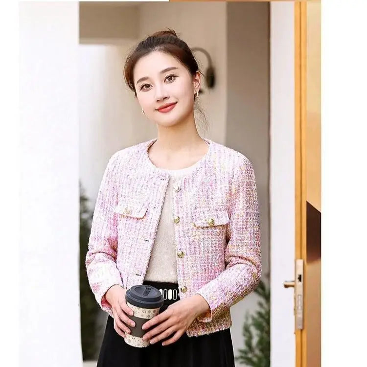អាវធំ Tweed ផ្អែមបែបកូរ៉េថ្មីសម្រាប់នារី ម៉ូដសាមញ្ញ ដៃវែង ស្លីម ស្រស់ស្អាត បែបនារី ក O បែបបើកចំហរ ស្លៀកក្រៅ