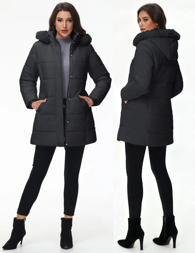 TACVASEN Womens Waterproof Long Parka Coat Shearling Fleece Lined Winter Warm Outdoor Coat Removable Hooded With 3 Pockets Coat