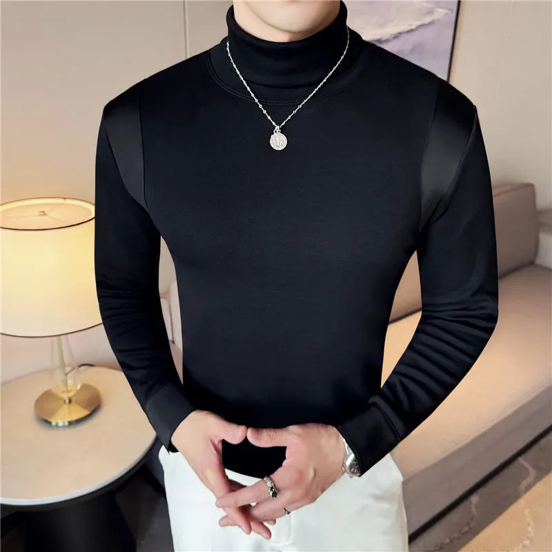 Turtleneck Stitching Long Sleeve T-shirt, Men's Thickening Stretch Fleece Bottoming Shirt, Fashion Slim-Fitting T-shirt