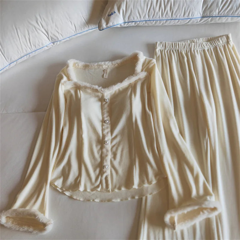 High-end Island Velvet Pajamas Woman New Fall Winter Sleepwear Warm Long Sleeve Nightwear Set Chest Pad Women‘s Home Clothes