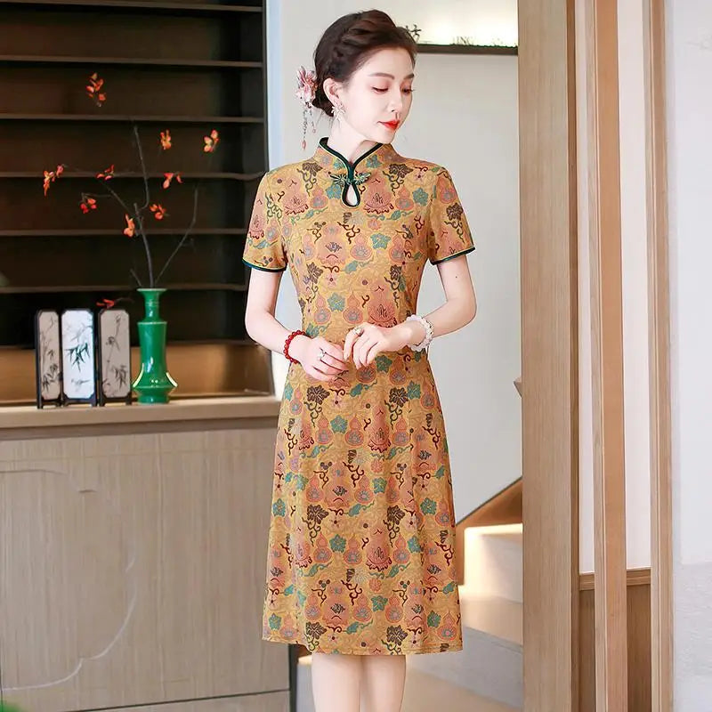 រ៉ូប Cheongsam រដូវក្តៅ កអាវផ្កាបាក់ សម្លៀកបំពាក់នារី រ៉ូបចង្កេះរាងអក្សរ A បែបចិនបុរាណ