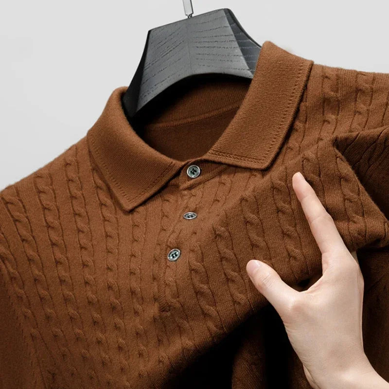 Men's Old Money Twisted Knit Solid Color Long Sleeve Polo Shirt - Business Casual Pullover Sweater for Autumn