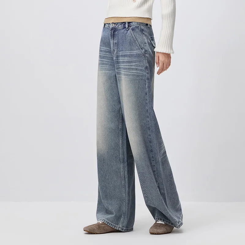 Semir Women Jeans Whisker Gradient Loose Wide Leg Retro Street Style Long Denim Pants Autumn Urban Daily Wear 2026