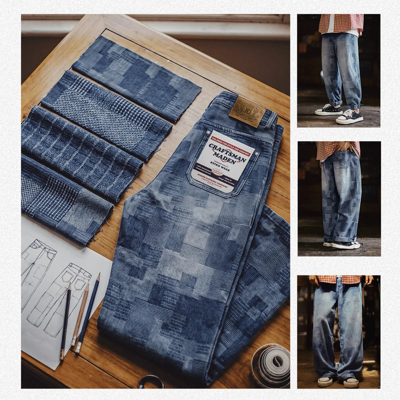 ខោខូវប៊យ Maden របស់បុរស Vintage Boro Jacquard Washed Denim Pants Baggy Harajuku Wide Leg Loose Patchwork Long Pants Casual Men Spring