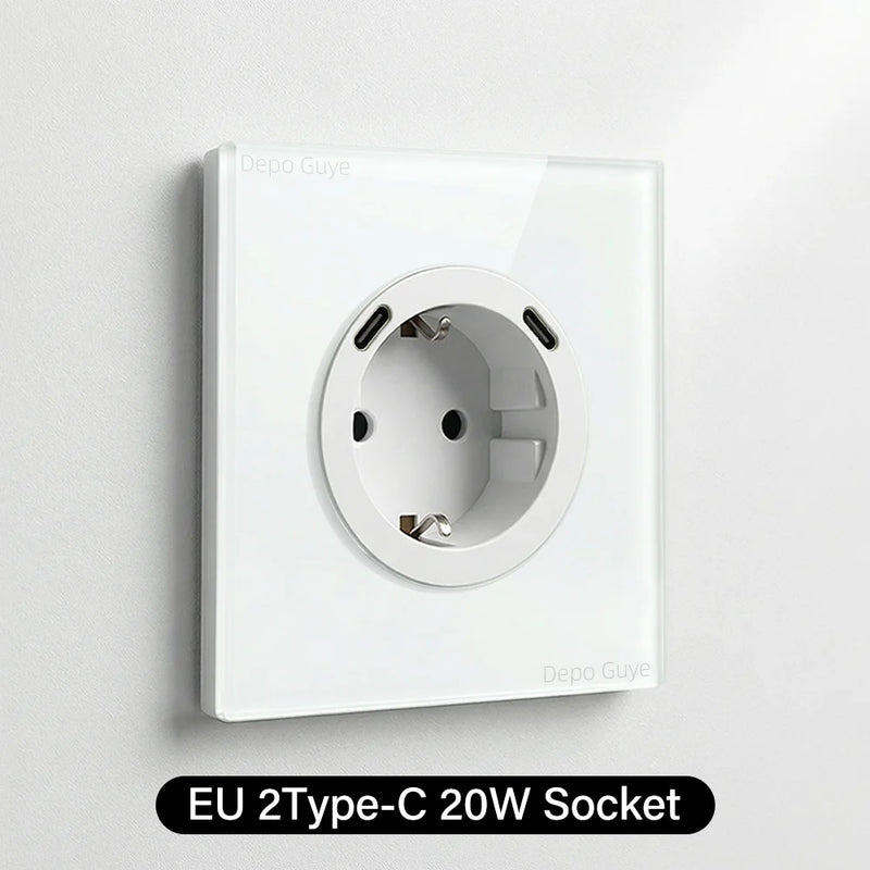 Wall Toggle Light Switch EU FR Standard White Glass Panel European Power Socket With Dual Type-c 20W Fast Charge Port Outlet