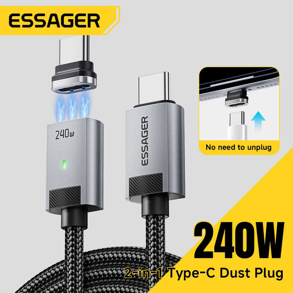 ខ្សែសាកម៉ាញេទិក Essager 240W E Marker USB C ទៅ Type C ខ្សែ PD3.1 សាកថ្មលឿនសម្រាប់ iPhone 17 16 Samsung S25 iPad កុំព្យូទ័រយួរដៃ