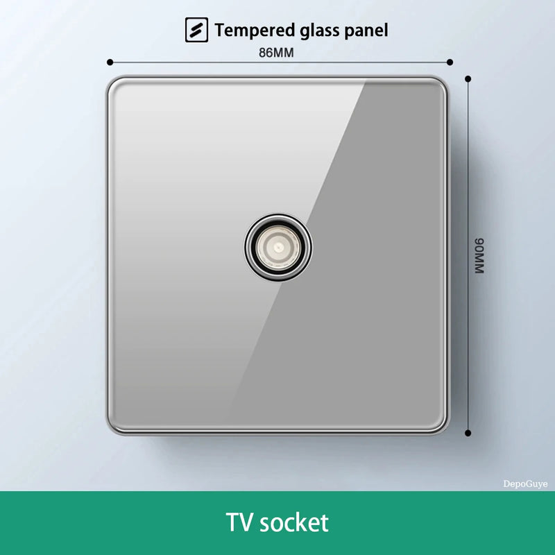 Deluxe Grey Tempered Glass Panel UK 13A Plug Electrical Socket, Double 5 Pin Socket and Switch, EU Universal USB C Wall Socket