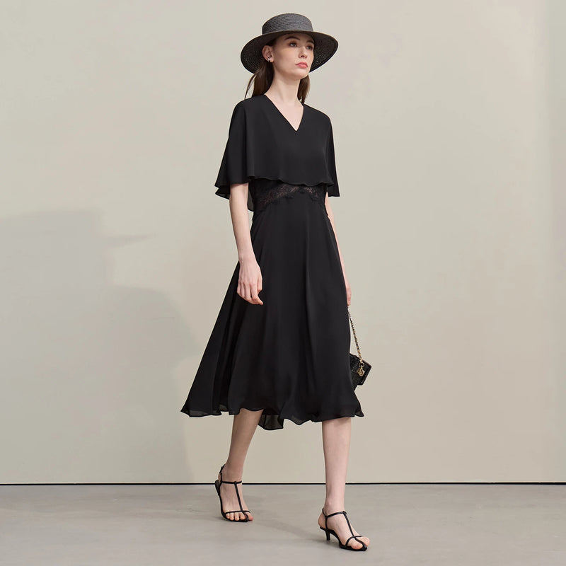 Amii Women's Dress 2026 Summer V Neck Lace Cutout Fitted Waist Women's Casual Dresses Holiday Slim Chiffon Midi Skirt 12652057