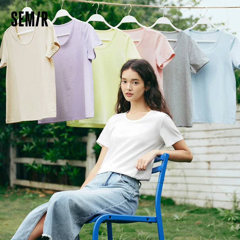 Semir Slim Fit Tshirt Women Summer Solid Color Basic Crew Neck White Cool Touch Casual Comfortable Fashion Slim Top