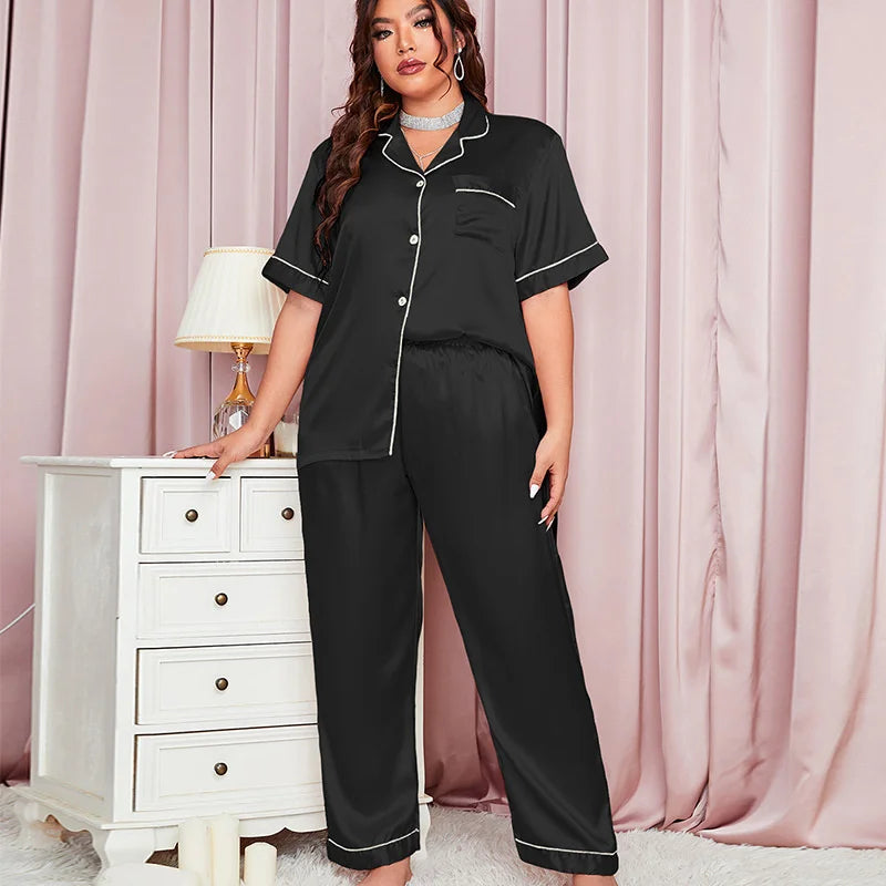 Summer Fashionable Women Silk Sleepwear Set Personalized Satin Casual Thin Loose Tops Long Pants Home Wear Pajamas For Women