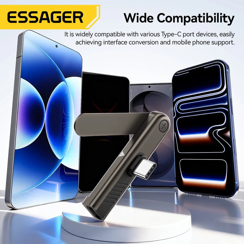 អាដាប់ទ័រសាកថ្មលឿន Essager 240W 2-in-1 ជាមួយជើងទម្របត់បាន Type-C បុរសទៅ Type-C ស្ត្រីសម្រាប់ iPhone 17 16 15 Pro