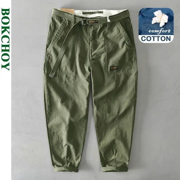 Spring Autumn New Pure Cotton Cargo Pants Men Clothing Casual Loose Belt Mid Waist Joggers Men Trouser AZ329 AZ378
