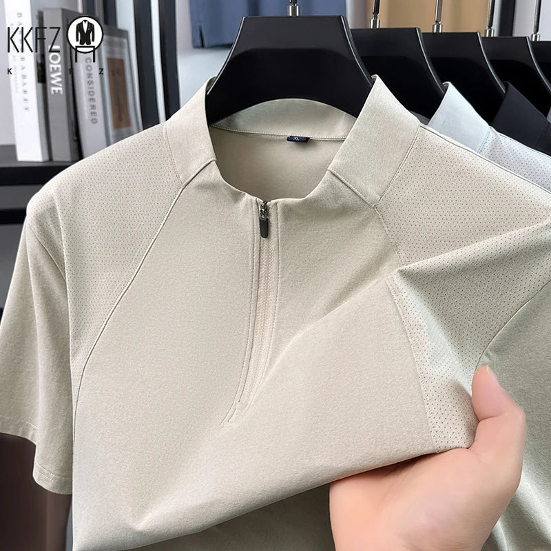 Mens Comfortable Quarter Zip Polo Shirt Short Sleeve Stand Collar Soft Touch Daily Wear Top