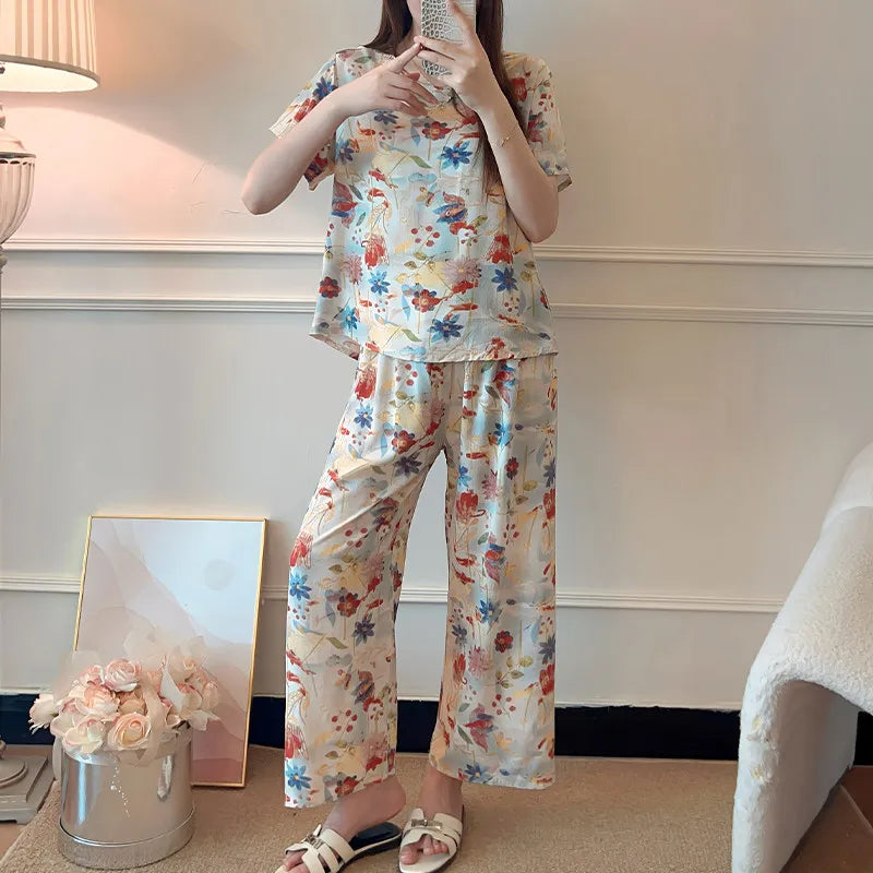 Comfort for Homewear Floral Pajamas 2 Pieces Set for Woman Casual Summer New Short Sleeve Sleepwear Women's Loungewear Suit
