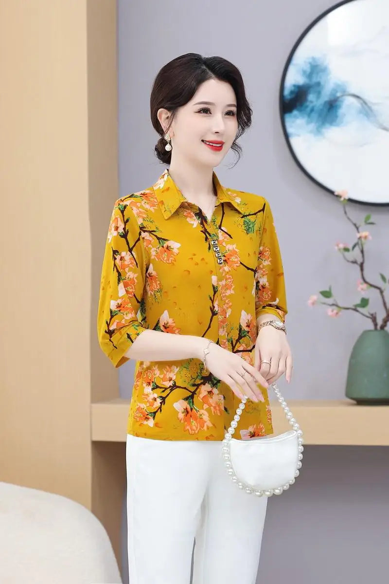 អាវ យឺត ក បើក ចុះ រលុង សម្រាប់ អ្នក ម្តាយ វ័យ កណ្តាល ម៉ូដ រដូវក្ដៅ អាវ យឺត ដៃខ្លី បោះពុម្ព បែប វីនថេច សម្រាប់ ស្ត្រី