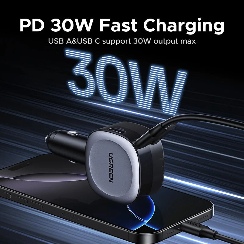 UGREEN 75W Car Charger 2 in 1 Retractable Cable SCP 25W QC PD 30W Fast Car Phone Charger For iPad iPhone 17 16 15 14 Pro Samsung