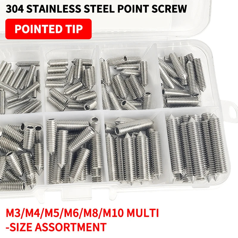 DIN914 304 -Stainless Steel Hex Socket Point Grub Screws M3 M4 M5 M6 M8 M10 Assortment Kit - High Hardness Fasteners Set