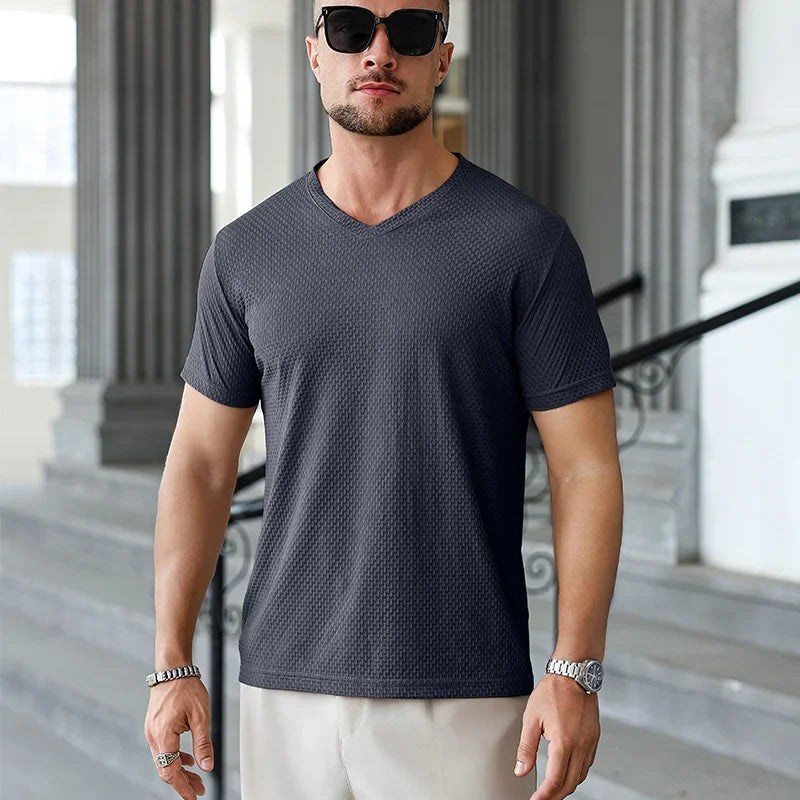 Premium Men's Business Casual V Neck T-Shirt Ice Silk Lightweight Breathable Summer Tops