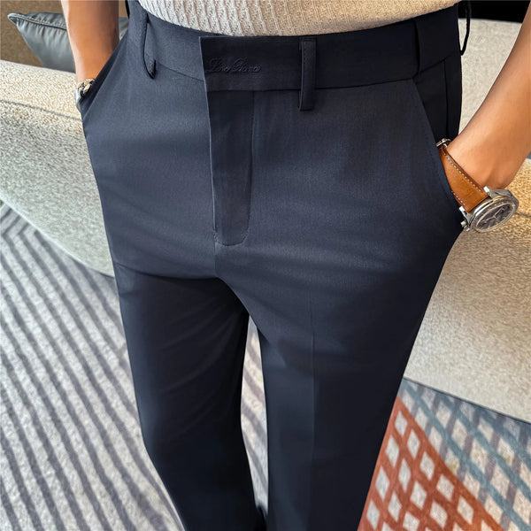 Men Summer Business Casual Trousers Lightweight Stretch Suit Pants Elastic Waist Flat Front Cropped Length Office Wear