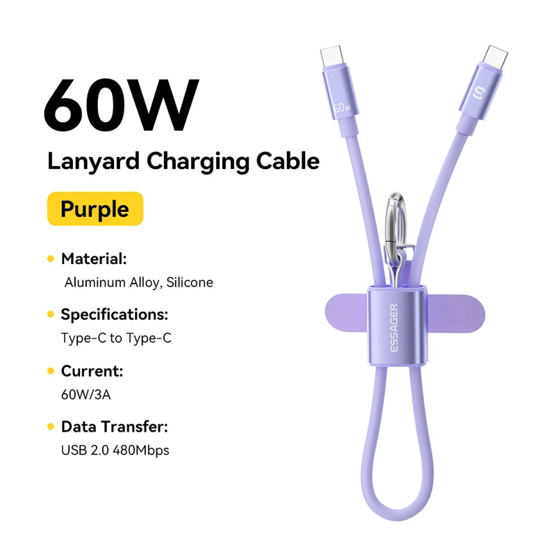 ខ្សែសាក Essager 60W USB Type C Lanyard ខ្សែខ្លីសម្រាប់ Samsung S25 S24 Xiaomi iPhone 17 16 15 Pro Type C ដល់ Type C Cable