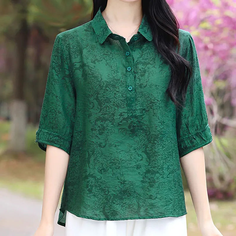 អាវយឺតថ្មីរដូវក្តៅ កអាវ Jacquard ប៊ូតុង ដៃអាវពាក់កណ្តាលធម្មតា ឆើតឆាយ រលុង សម្រាប់ស្ត្រីធ្វើដំណើរទៅធ្វើការ