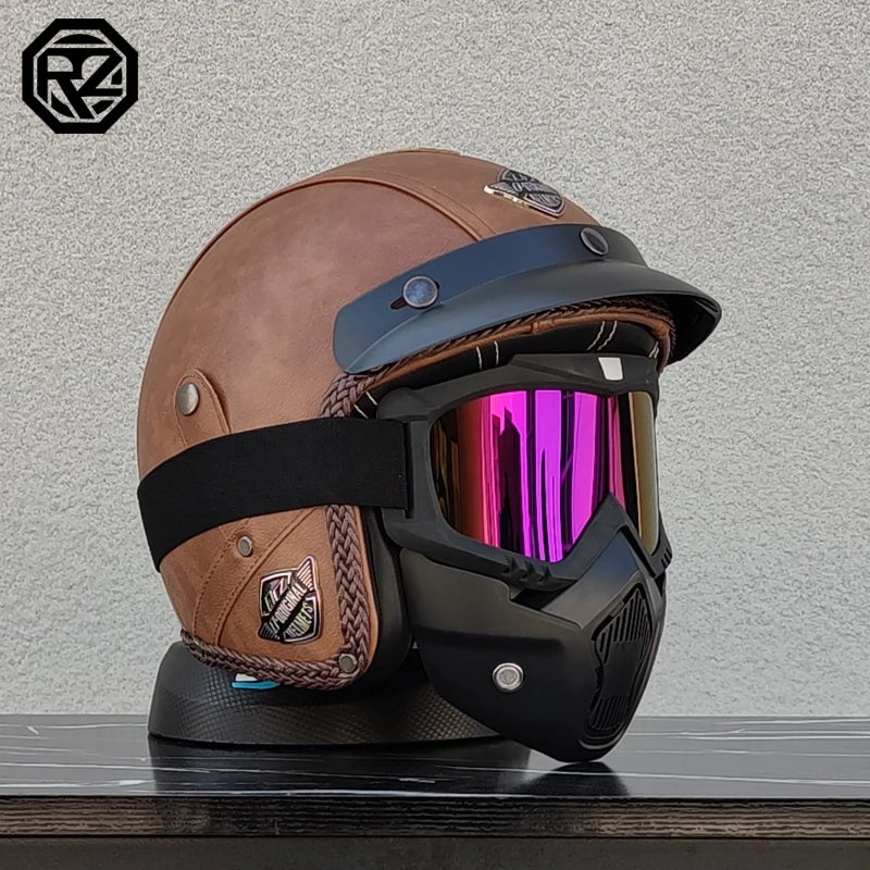 【ORZ】Retro Leather 3/4 Open Face Motorcycle Helmet, PU Leather Shell Cafe Racer Scooter Motorbike Half Helmet for Men Women